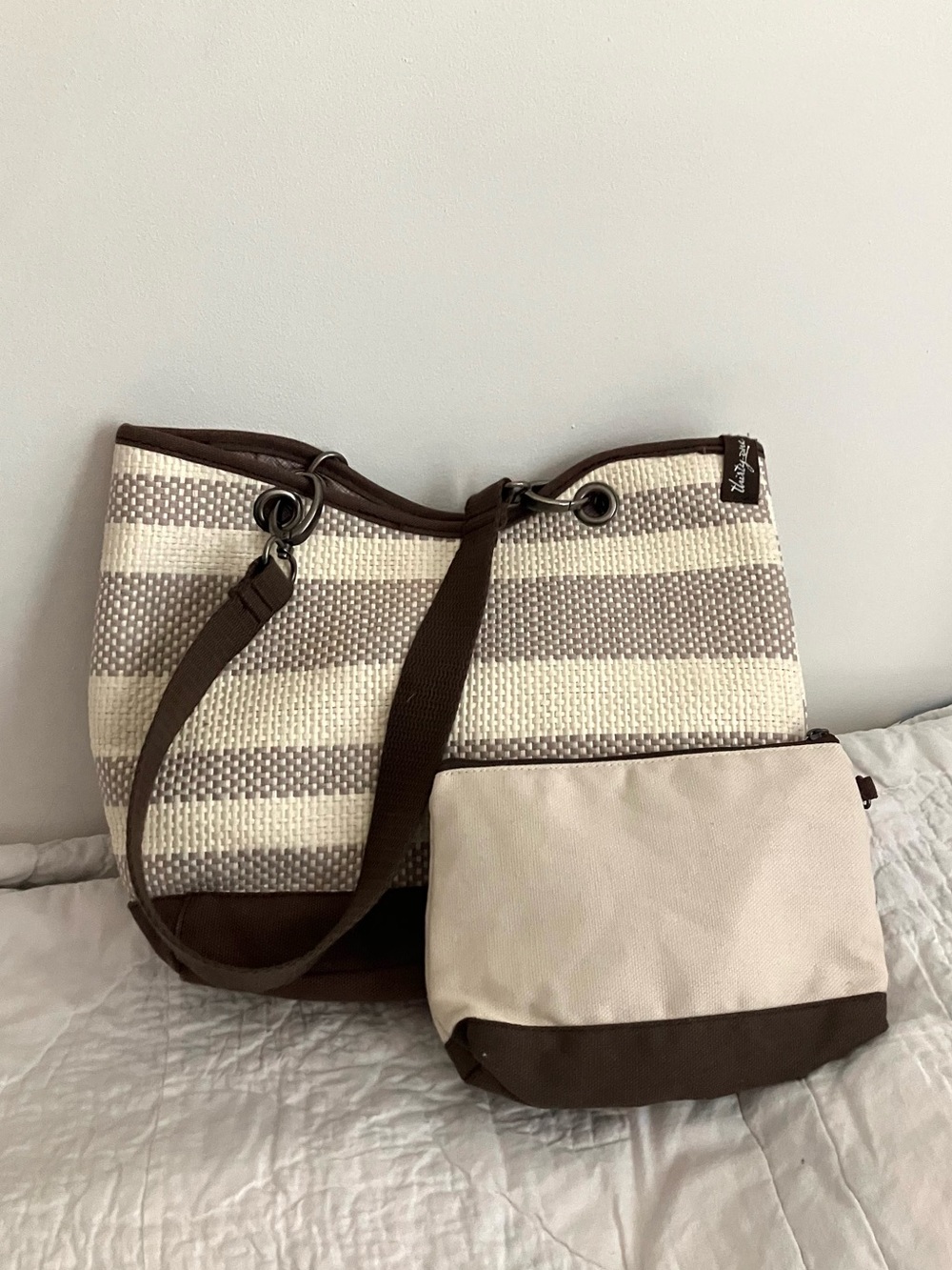 Thirty-One Canvas Crew Mini Tote and Zipper Pouch In Tan and Brown Pre-Loved